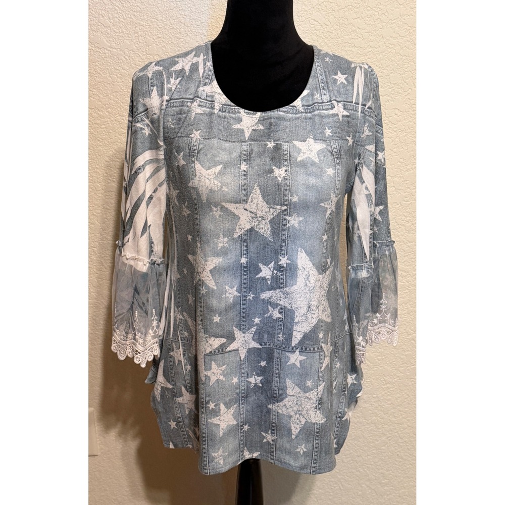 Origami by Wywavy Blue Denim Print Star Tunic Top Lace Bell Sleeve Large